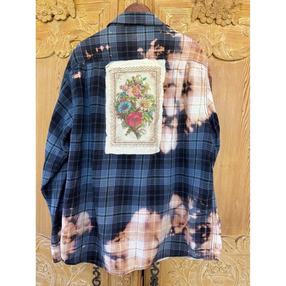 Moonshine Salvage Bleached Floral Art Flannel Shirt XL Cottagecore Boho - Picture 8 of 9